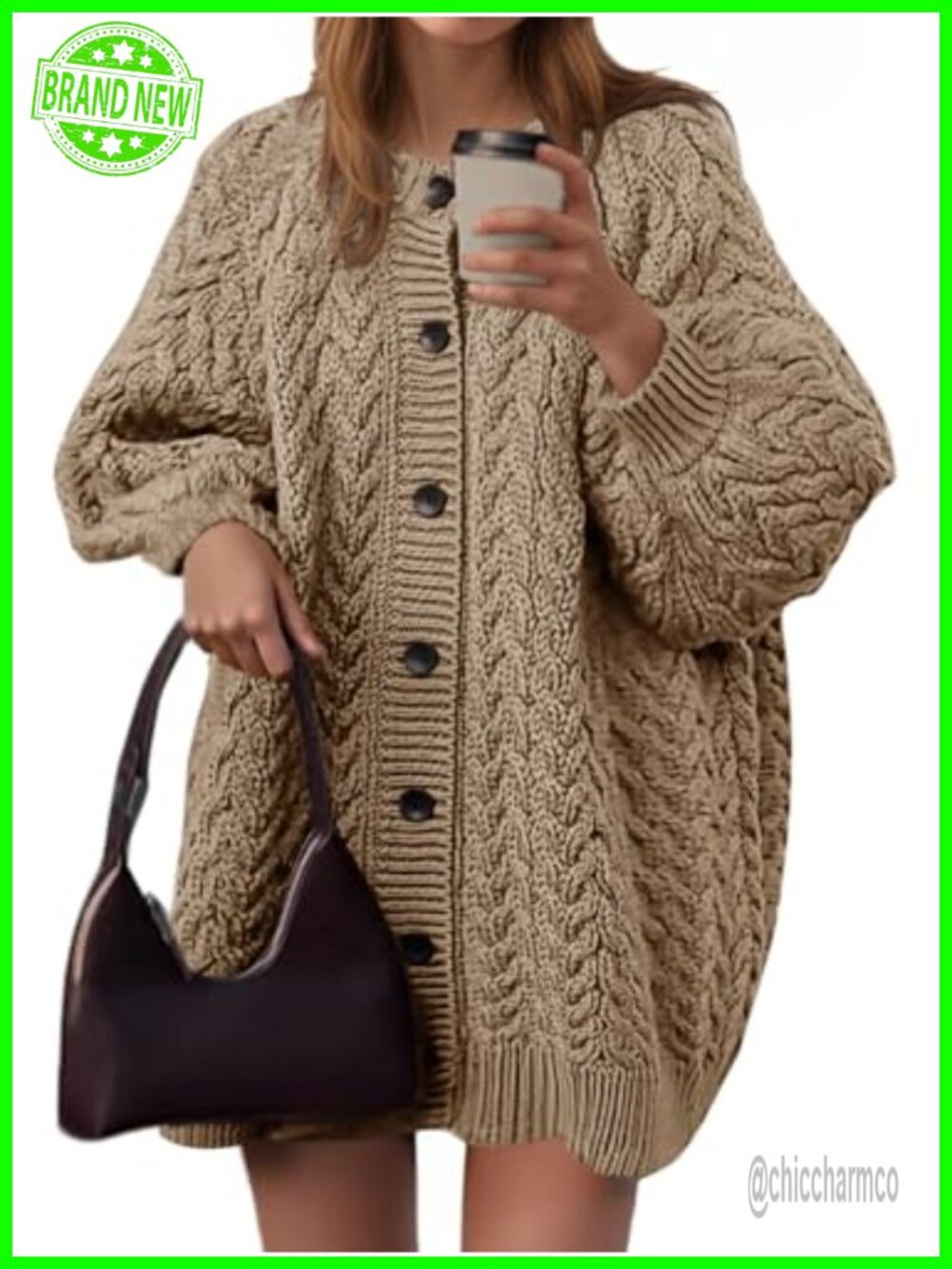 Cable Knit Oversized Chunky Cardigan Lantern Sleeve Button Down Sweater